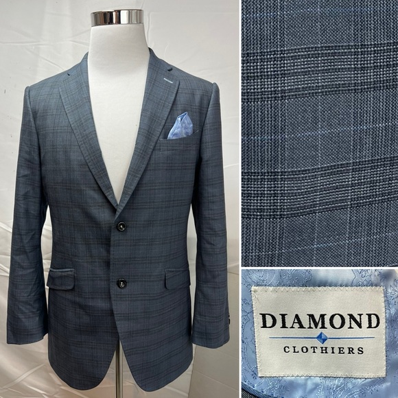 Custom Tailored Men's 36R Slate Blue Gray Plaid 2-Button Blazer Jacket Bespoke - Picture 1 of 8